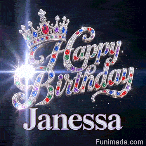 Detailed view of colorful red, blue, and green gemstones embedded in a silver tiara above Janessa's name.