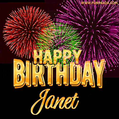 Wishing You A Happy Birthday, Janet! Best fireworks GIF animated greeting card.