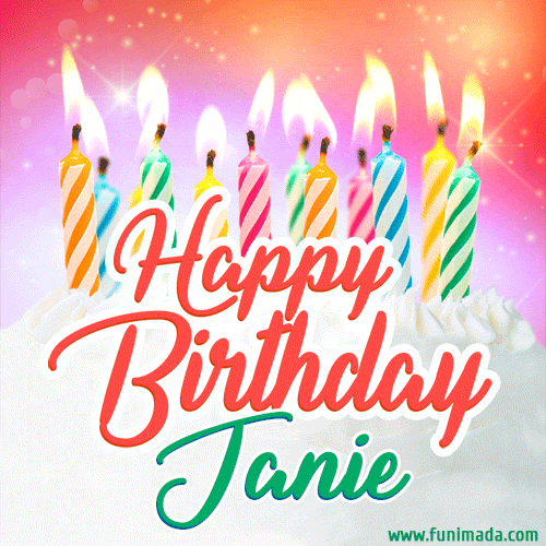 Happy Birthday GIF for Janie with Birthday Cake and Lit Candles