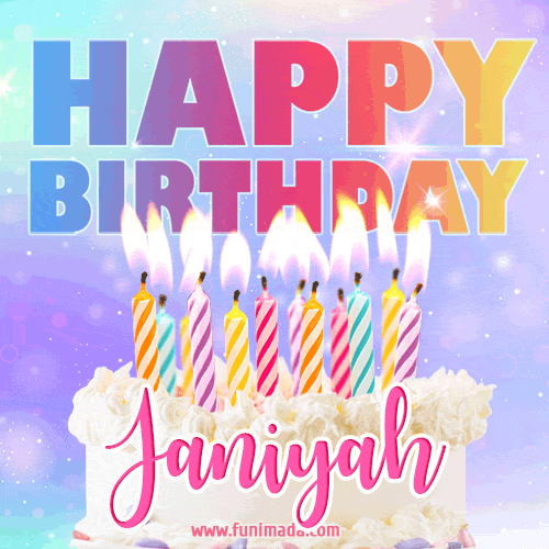 Animated Happy Birthday Cake with Name Janiyah and Burning Candles