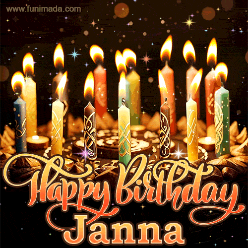 A glowing personalized birthday GIF with name Janna featuring lit candles with intricate designs, warm lighting, and the text 'Happy Birthday' in an elegant font.