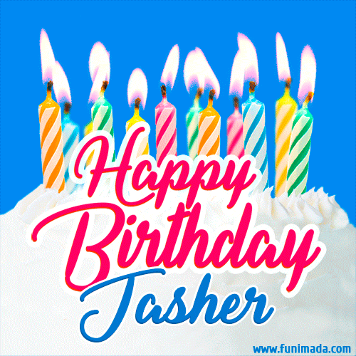 Happy Birthday GIF for Jasher with Birthday Cake and Lit Candles