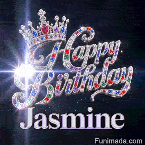 Cursive script encrusted with diamonds and multicolored jewels below a silver crown, made for Jasmine's birthday.