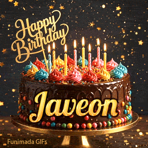 A birthday cake with colorful frosting swirls, burning candles, and the name Javeon on a dark, sparkly background.