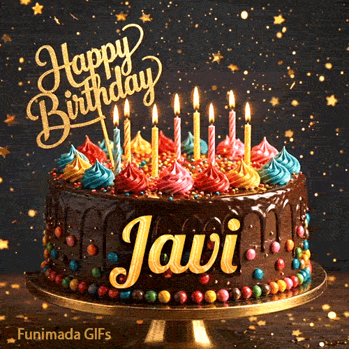 Close-up of colorful whipped cream toppings on a chocolate cake with flickering candles, custom-designed for Javi.