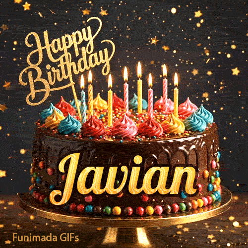 A chocolate birthday cake with colorful candies at the base and lit candles on top, featured on an animated card for Javian.