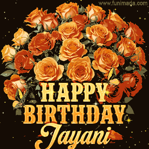 Animated bouquet of orange roses with moving butterfles and golden 'Happy Birthday Jayani' text, surrounded by sparkling accents and a dark backdrop for a luxurious feel.