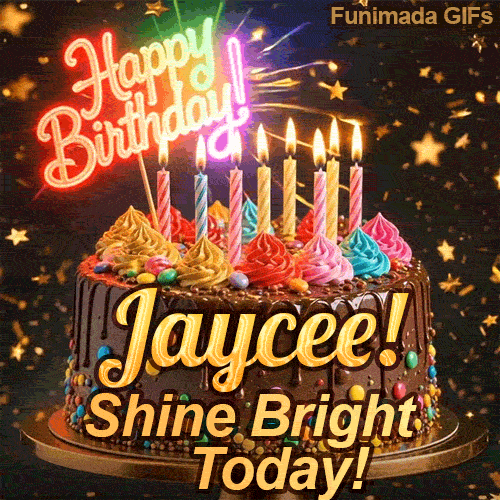Bold golden lettering spelling Jaycee! on a gourmet chocolate cake with the subtext Shine Bright Today! on a gold stand.