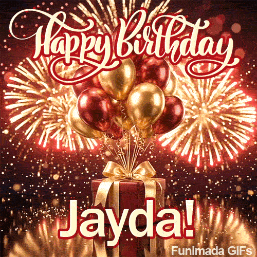 Happy Birthday Jayda animated GIF displaying a red gift box with a golden ribbon and shiny metallic balloons.