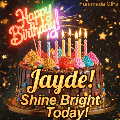 A chocolate frosted cake on a gold stand with glowing yellow candles and the text Shine Bright Today! personalized for Jayde.