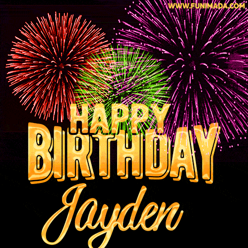 Wishing You A Happy Birthday, Jayden! Best fireworks GIF animated greeting card.