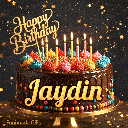 Close-up of a chocolate birthday cake with multicolored frosting swirls and colorful candy beads around the gold base. Greeting text with name Jaydin