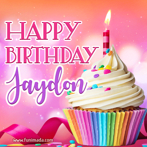 A vibrant birthday GIF featuring a rainbow-colored cupcake topped with white frosting, sprinkles, and a lit candle. The text reads 'Happy Birthday Jaydon' in bold pink and violet letters with white outline.
