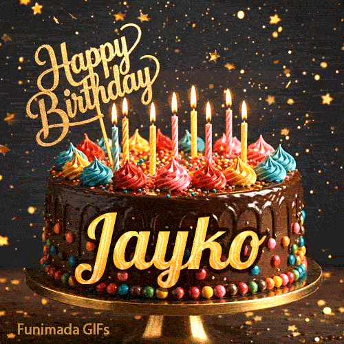 A personalized greeting card for Jayko featuring a chocolate cake with colorful toppings on a sparkly starry background.