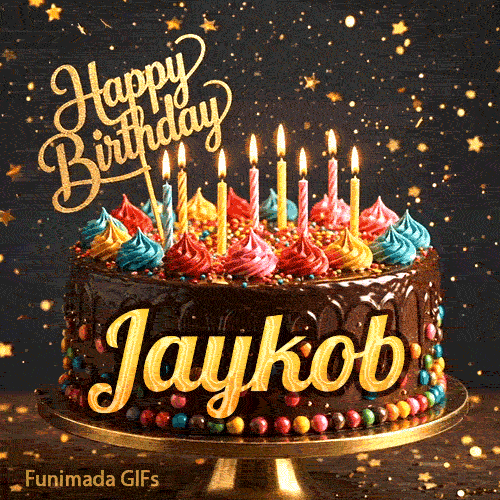 Shimmering gold star particles and bokeh lights surrounding a chocolate birthday cake custom-made for Jaykob.