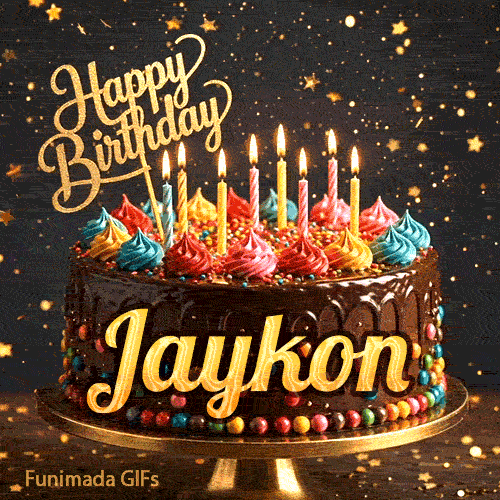 Cute chocolate cake animation with Jaykon's name, decorated with glowing birthday candles and multicolored icing.