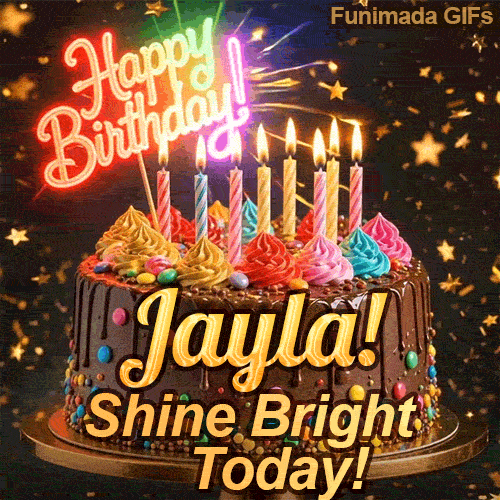Glowing pink neon light topper saying Happy Birthday on a chocolate cake with the name Jayla! on the front.