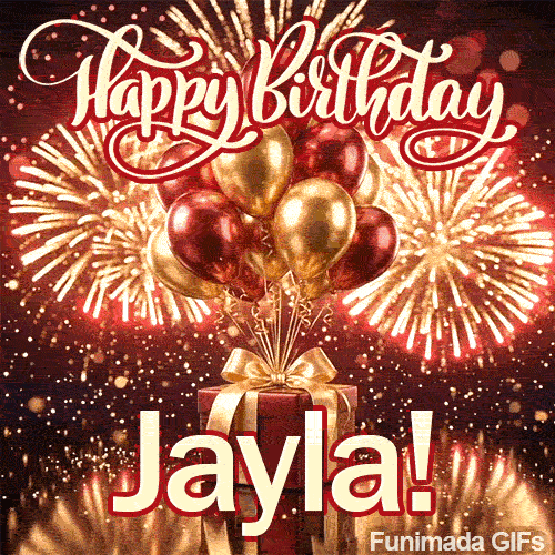 Shiny metallic balloons in gold and red floating above a red gift box with Jaylas name in bold lettering at the bottom.