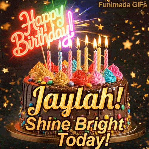 An animated birthday card displaying a detailed chocolate cake under falling gold sparkles, custom-made for Jaylah.