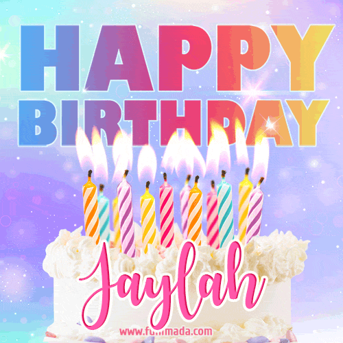 Animated Happy Birthday Cake with Name Jaylah and Burning Candles