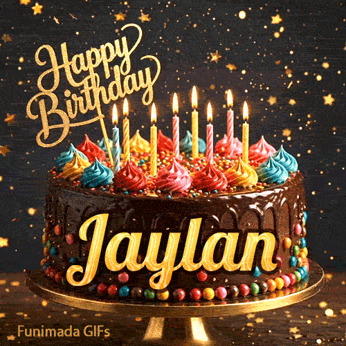 Burning birthday candles on top of a chocolate drip cake decorated with colorful icing dollops and sprinkles, personalized for Jaylan.