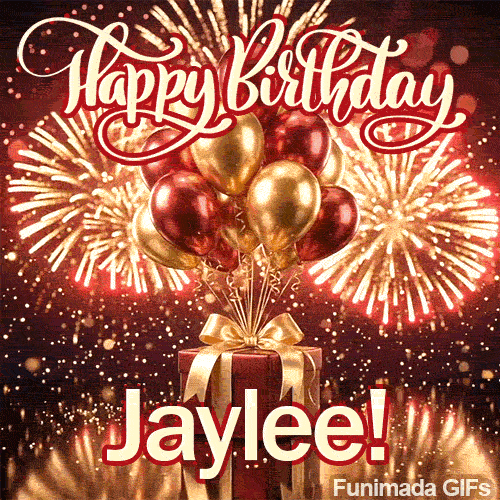 White Happy Birthday script text with red outline above gold and burgundy balloons and the name Jaylee