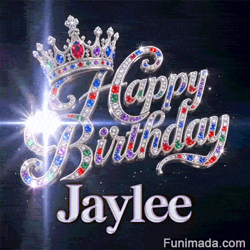A customized birthday GIF for Jaylee featuring a silver crown under a glittering sky filled with light bursts.