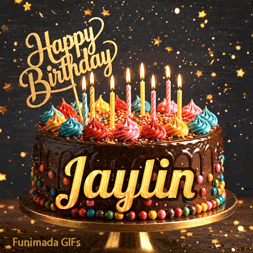 Festive chocolate cake GIF with the name Jaylin written on the dark glaze under flickering candles.
