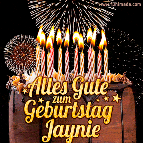 A chocolate birthday cake with glowing candles, the German text 'Alles Gute zum Geburtstag Jaynie,' and vibrant fireworks lighting up the background in an animated GIF.