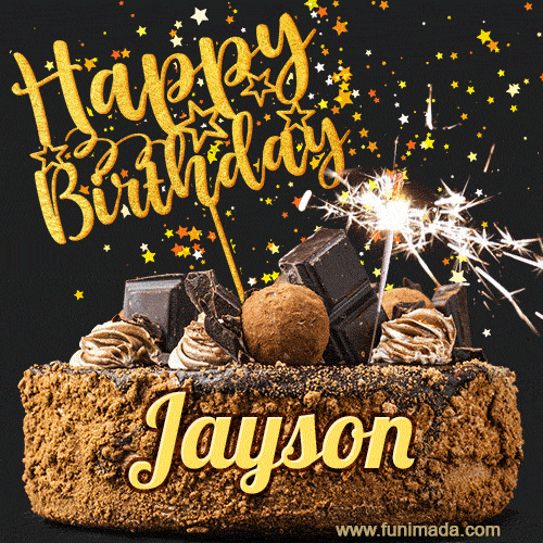 Celebrate Jayson's birthday with a GIF featuring chocolate cake, a lit sparkler, and golden stars