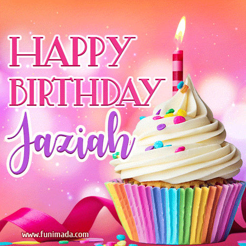 A vibrant birthday GIF featuring a rainbow-colored cupcake topped with white frosting, sprinkles, and a lit candle. The text reads 'Happy Birthday Jaziah' in bold pink and violet letters with white outline.