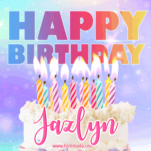 Animated Happy Birthday Cake with Name Jazlyn and Burning Candles