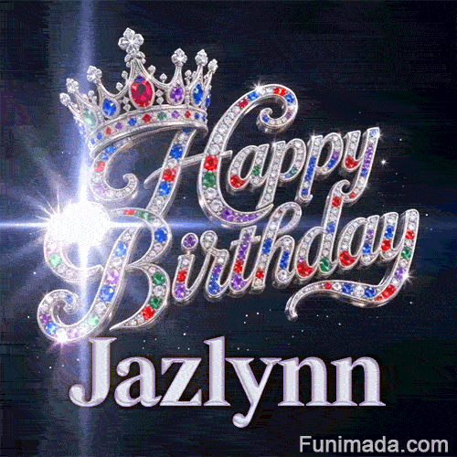 A luxury silver queen tiara with colorful gemstones sitting on top of sparkly diamond cursive letters spelling Happy Birthday Jazlynn.