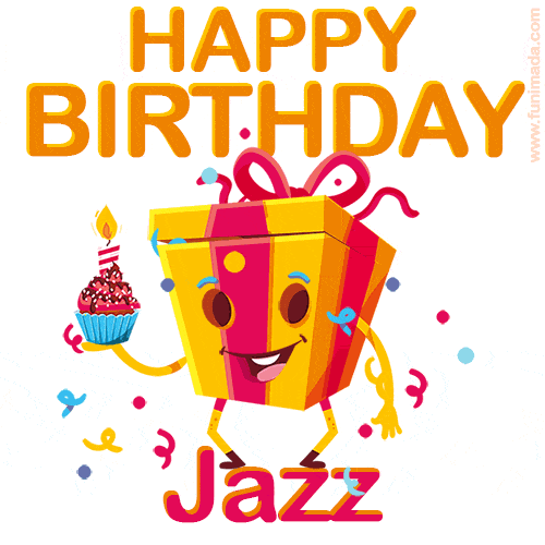 A vibrant and funny gift box character with a happy face dancing with a cupcake and the text 'Happy Birthday Jazz,' surrounded by animated confetti and party vibes.