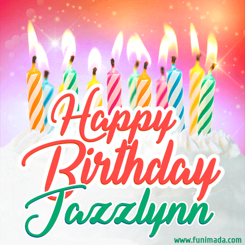 Bright birthday candles with rainbow flames on a cake, alongside the text 'Happy Birthday Jazzlynn' in vibrant script in this celebratory animated GIF.