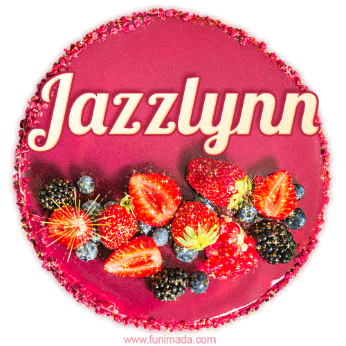 Beautifully decorated red velvet berry birthday cake with vibrant fruits and a glowing 'Jazzlynn' name, adding a touch of sweetness and sparkle.