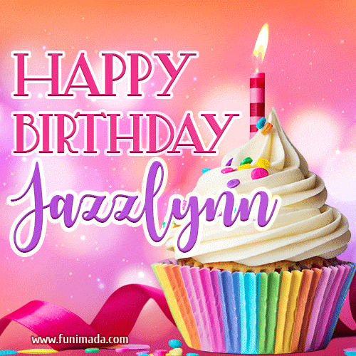 A vibrant birthday GIF featuring a rainbow-colored cupcake topped with white frosting, sprinkles, and a lit candle. The text reads 'Happy Birthday Jazzlynn' in bold pink and violet letters with white outline.