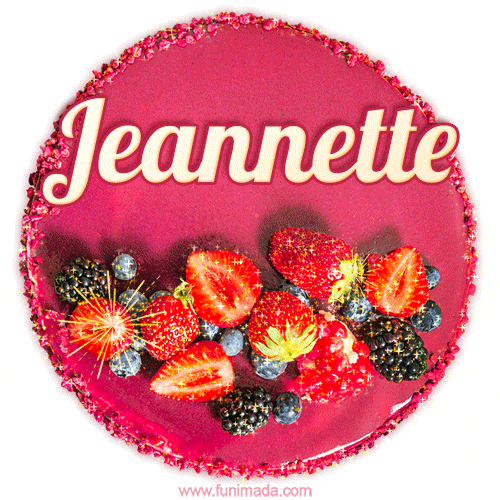 Beautifully decorated red velvet berry birthday cake with vibrant fruits and a glowing 'Jeannette' name, adding a touch of sweetness and sparkle.