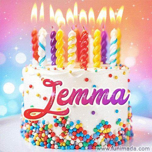 Personalized for Jemma elegant birthday cake adorned with rainbow sprinkles, colorful candles and glitter