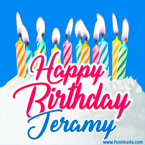 Happy Birthday GIF for Jeramy with Birthday Cake and Lit Candles