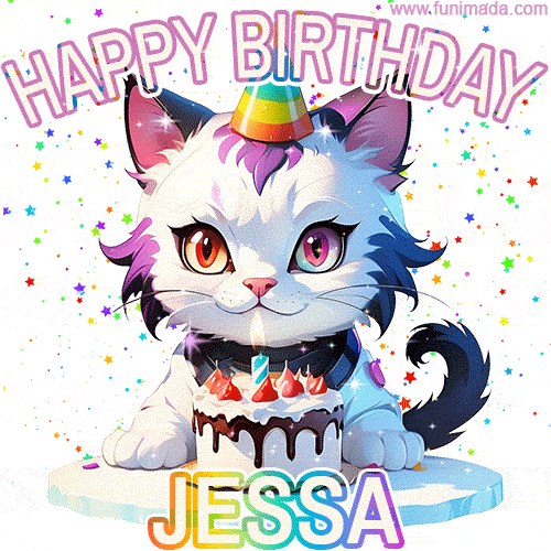 Adorable party-themed animated cat next to a lit birthday cake with text that says 'Happy Birthday Jessa,' surrounded by colorful decorations and sparkles.