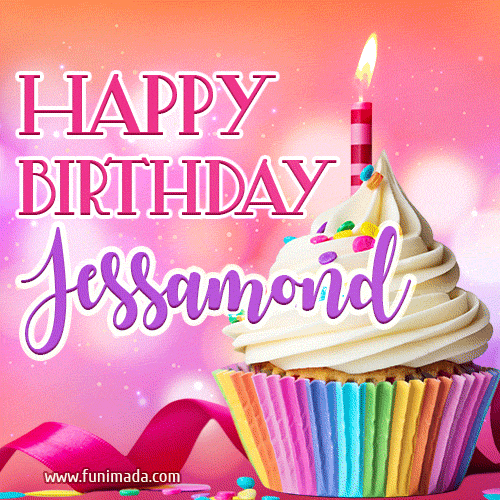 A vibrant birthday GIF featuring a rainbow-colored cupcake topped with white frosting, sprinkles, and a lit candle. The text reads 'Happy Birthday Jessamond' in bold pink and violet letters with white outline.
