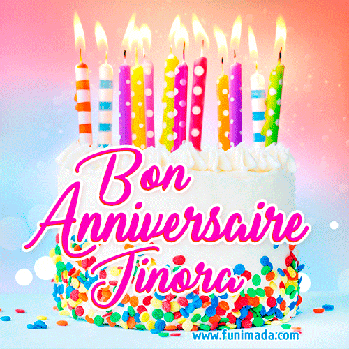 A white birthday cake covered in colorful sprinkles, topped with bright candles, and French text 'Bon Anniversaire Jinora' on a pastel gradient background in an animated GIF.