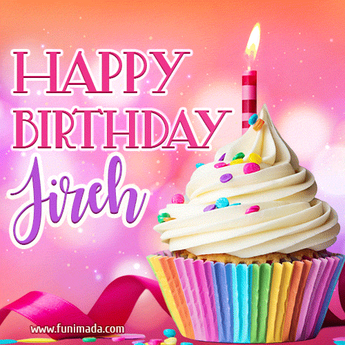 A vibrant birthday GIF featuring a rainbow-colored cupcake topped with white frosting, sprinkles, and a lit candle. The text reads 'Happy Birthday Jireh' in bold pink and violet letters with white outline.