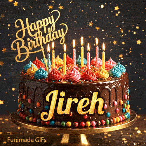 Animated card of a gourmet chocolate birthday cake with the name Jireh and glowing candle flames.