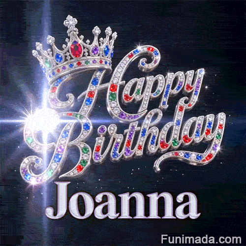 Festive queen crown GIF with the name Joanna, decorated with colorful gems, diamonds, and a sparkly lens flare.