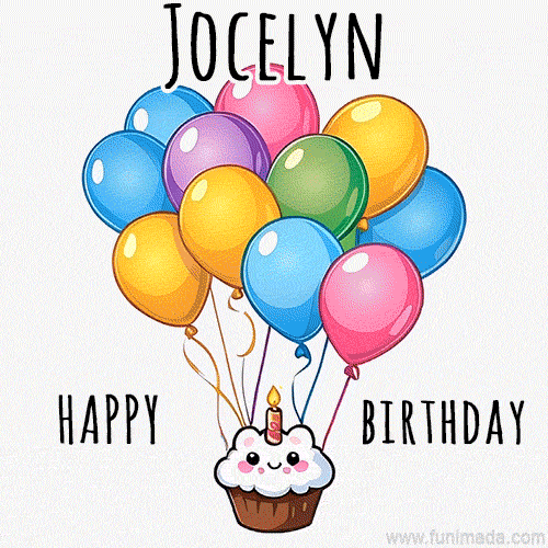 An adorable and cute cupcake with a smiley face and moving colorful balloons create a joyful birthday greeting for Jocelyn in this cheerful animated greeting E-card.