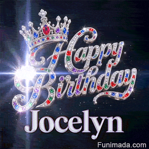 Silver metallic lettering spelling Jocelyn under a diamond cursive Happy Birthday sign on a dark background with light bursts.