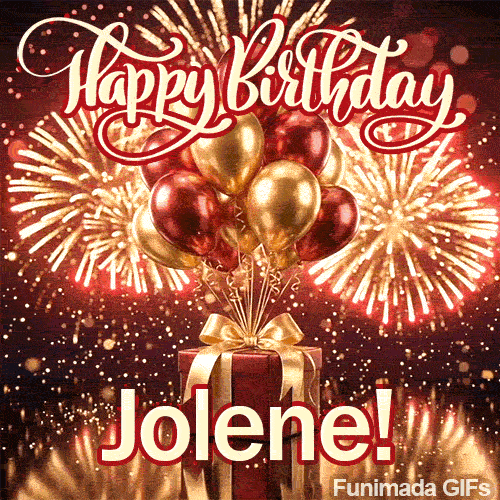 Shimmering birthday animation featuring spectacular gold fireworks and a red gift box personalized for Jolene.