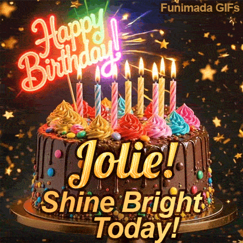 Close-up of a chocolate birthday cake with multicolored frosting swirls and colorful candy beads around the gold base. Jolie